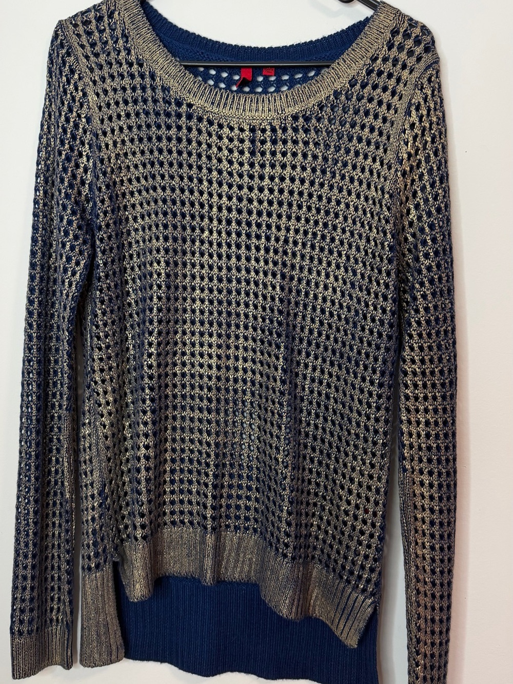 Metallic Open-Knit Crewneck Sweater - Gold and Navy